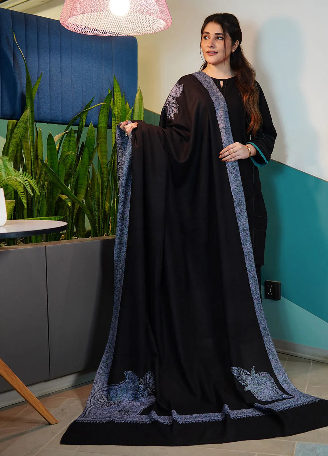 Sanaulla Exclusive Range Pashmina Shawl KPS D-101 Black - Winter Collection