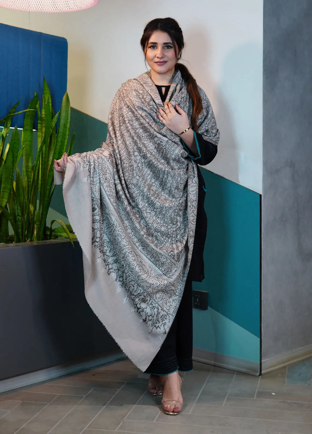 Sanaulla Exclusive Range Pashmina Shawl KPS D-106 Light Grey - Winter Collection