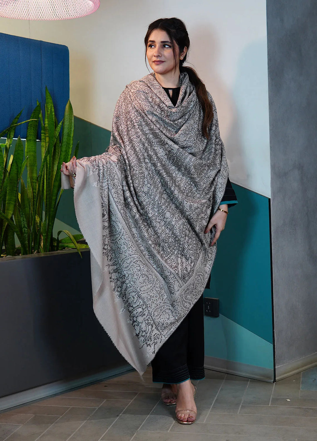 Sanaulla Exclusive Range Pashmina Shawl KPS D-106 Light Grey - Winter Collection