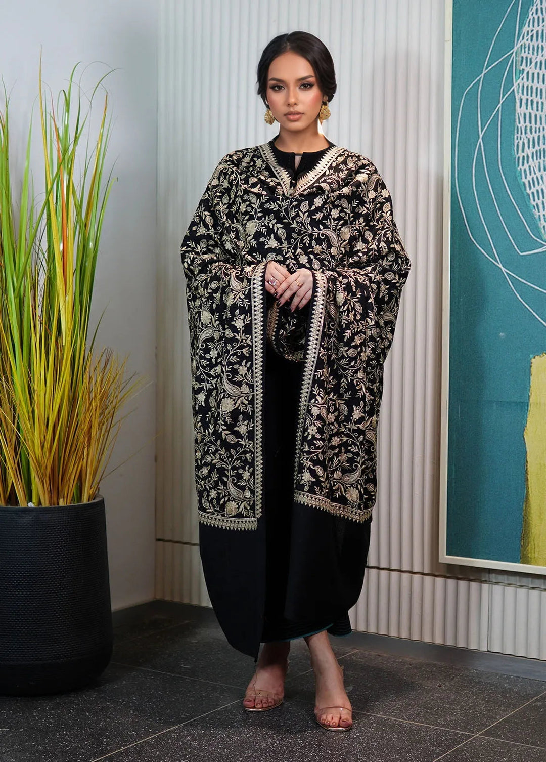 Sanaulla Exclusive Range Pashmina Shawl KPS D-11 Black 1 - Winter Collection