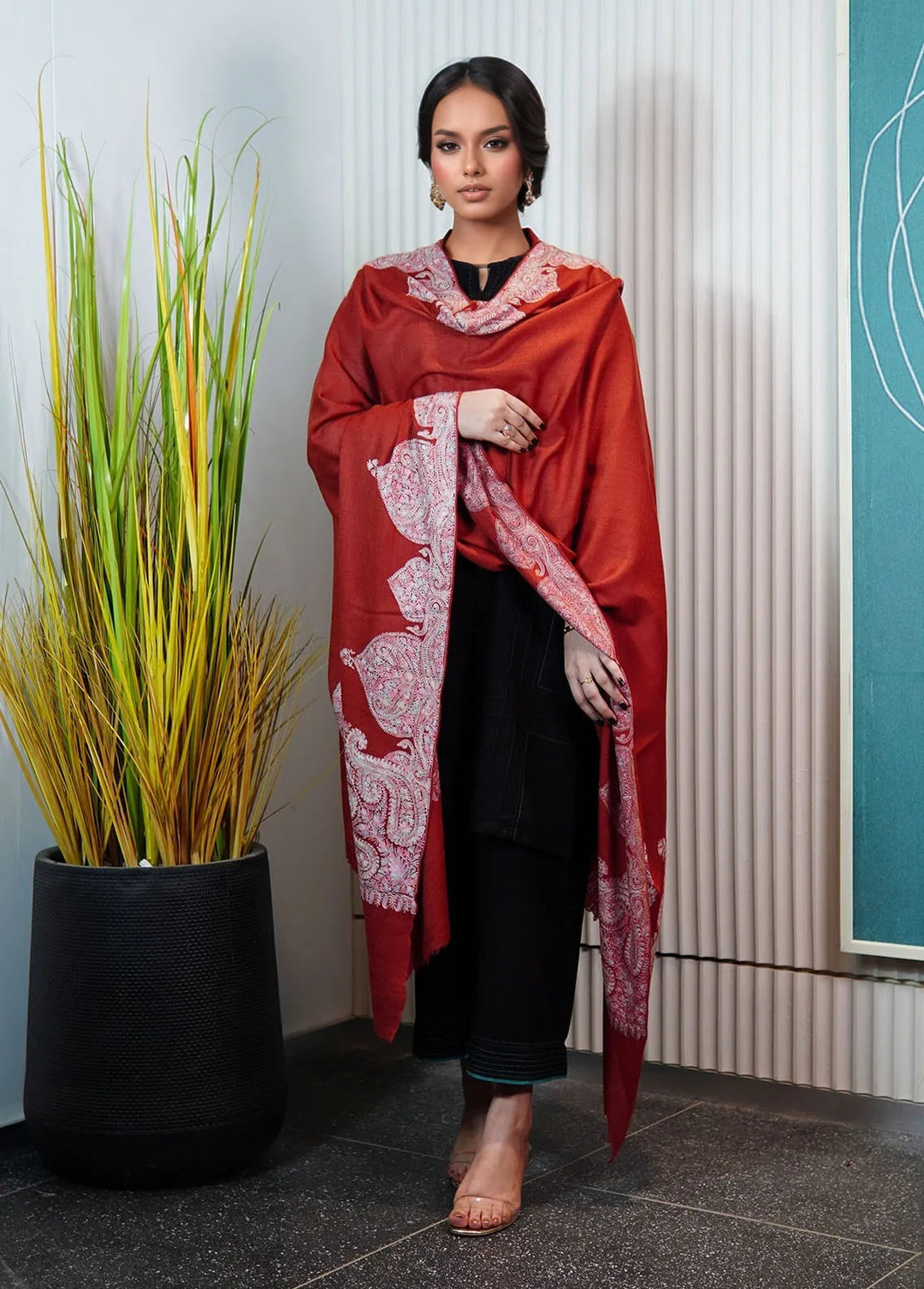 Sanaulla Exclusive Range Pashmina Shawl KPS D-116 Rust - Winter Collection