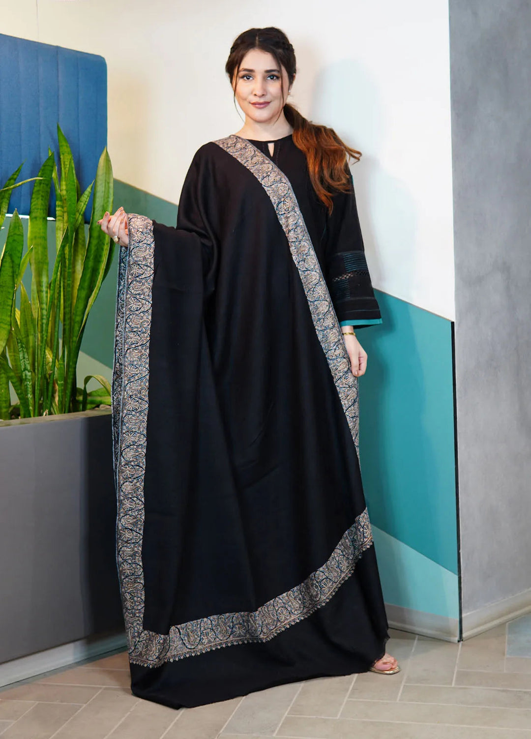Sanaulla Exclusive Range Pashmina Shawl KPS D-128 Black 1 - Winter Collection
