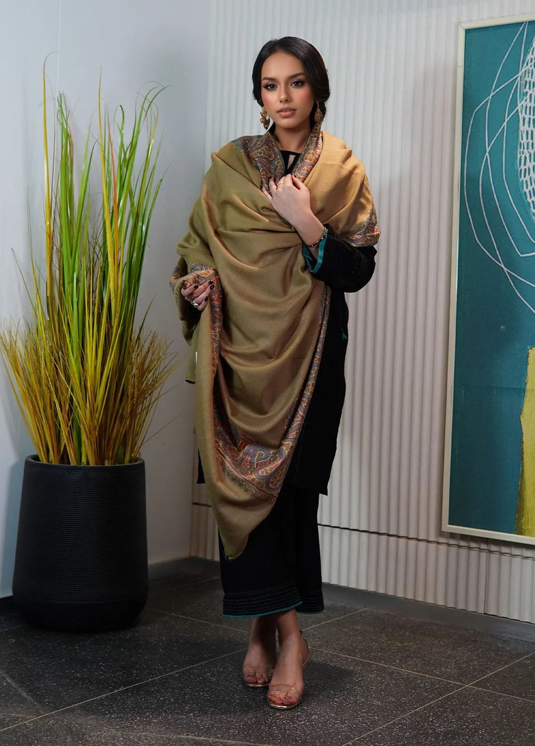 Sanaulla Exclusive Range Pashmina Shawl KPS D-129 Mehandi - Winter Collection