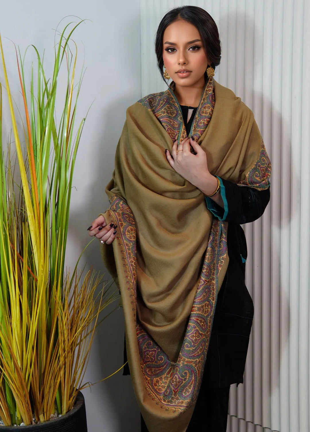 Sanaulla Exclusive Range Pashmina Shawl KPS D-129 Mehandi - Winter Collection