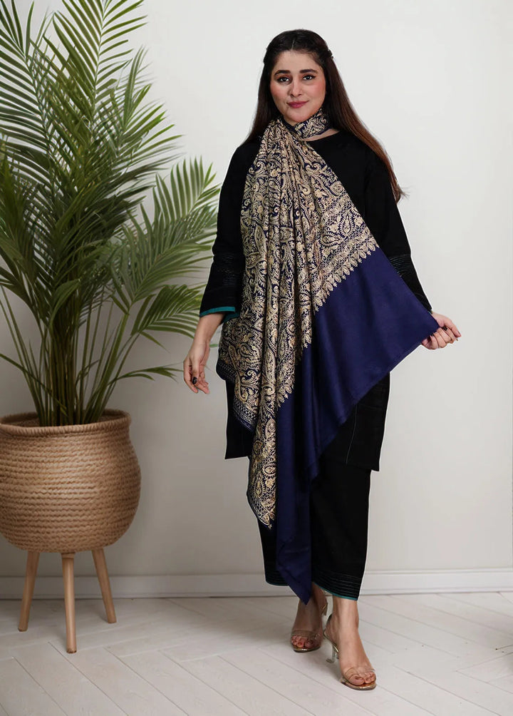 Sanaulla Exclusive Range Pashmina Shawl KPS D-14 Navy Blue 1 - Winter Collection