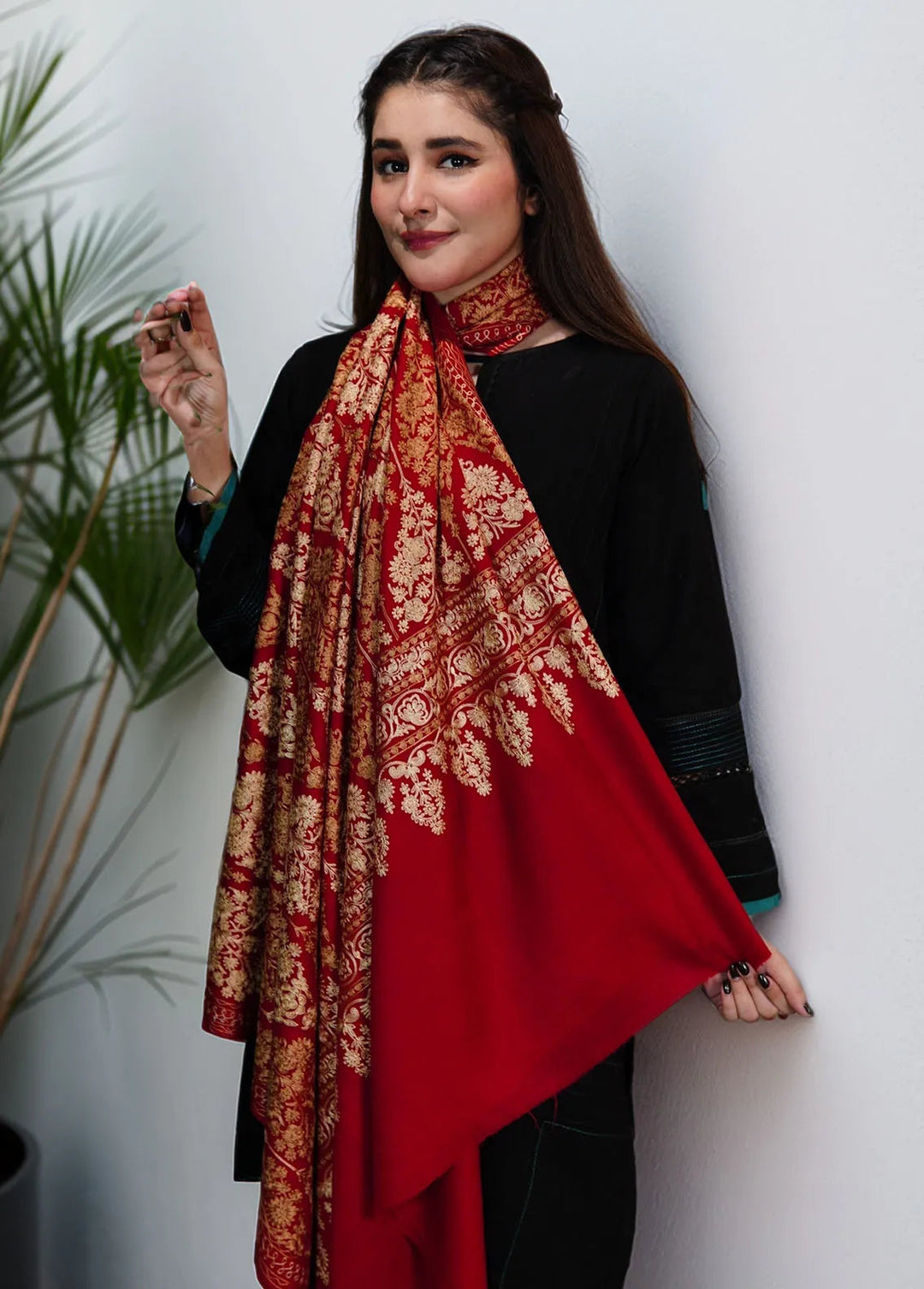 Sanaulla Exclusive Range Pashmina Shawl KPS D-14 Red - Winter Collection