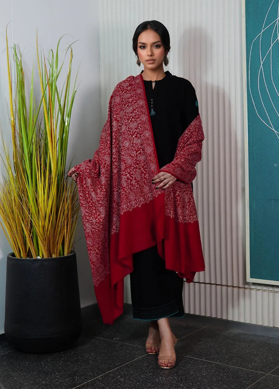 Sanaulla Exclusive Range Pashmina Shawl KPS D-21 Mehroon - Winter Collection