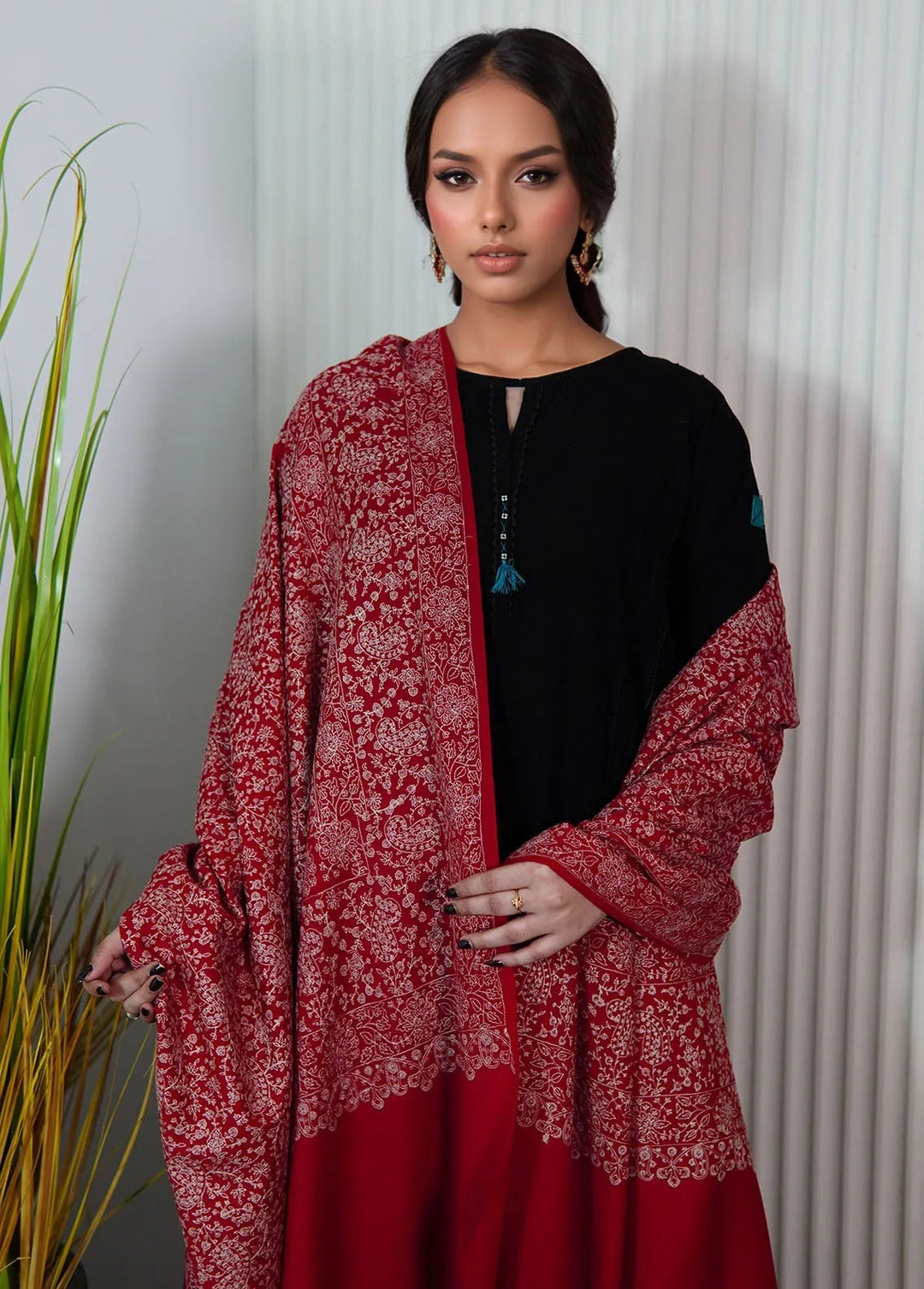 Sanaulla Exclusive Range Pashmina Shawl KPS D-21 Mehroon - Winter Collection
