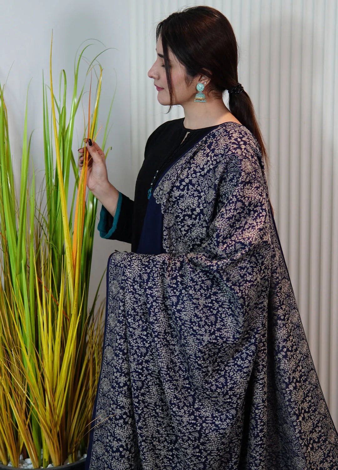Sanaulla Exclusive Range Pashmina Shawl KPS D-21 Navy Blue - Winter Collection
