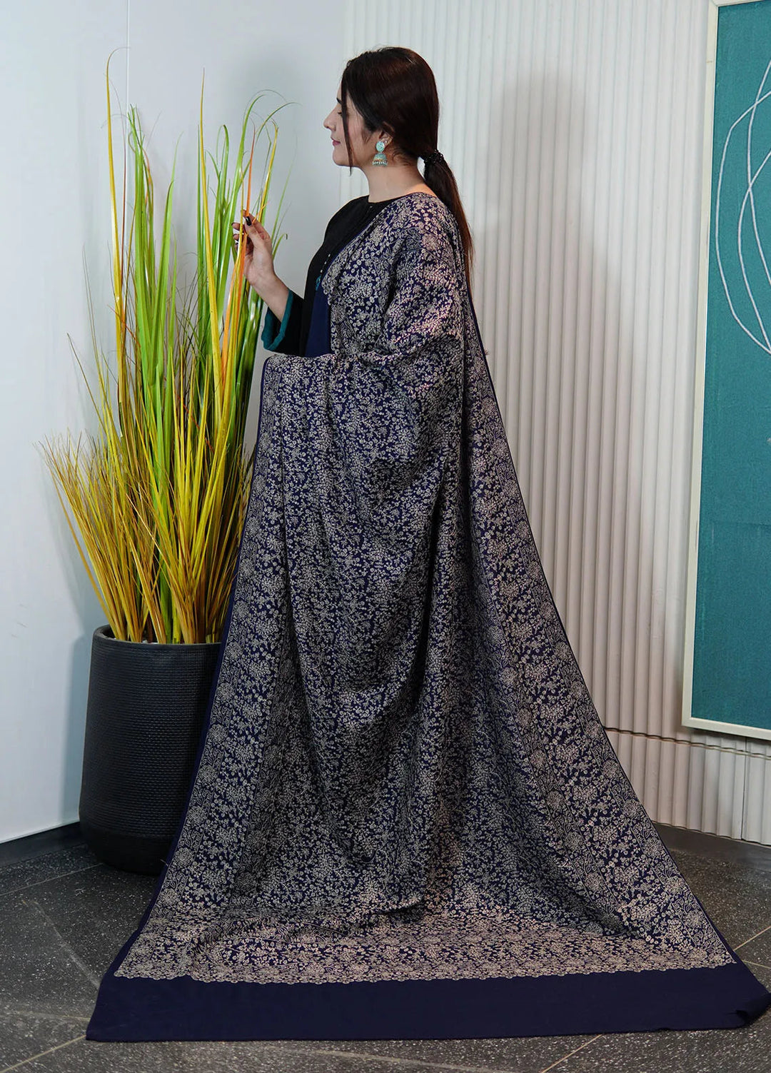 Sanaulla Exclusive Range Pashmina Shawl KPS D-21 Navy Blue - Winter Collection