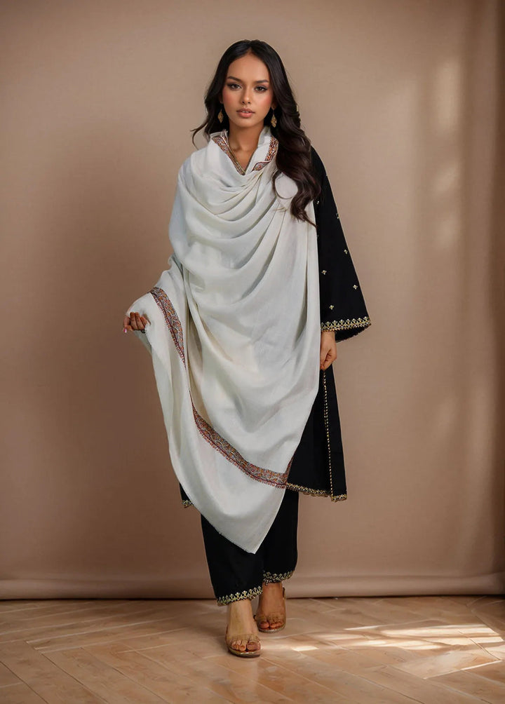 Sanaulla Exclusive Range Pashmina Shawl KPS D-28 Off White - Winter Collection