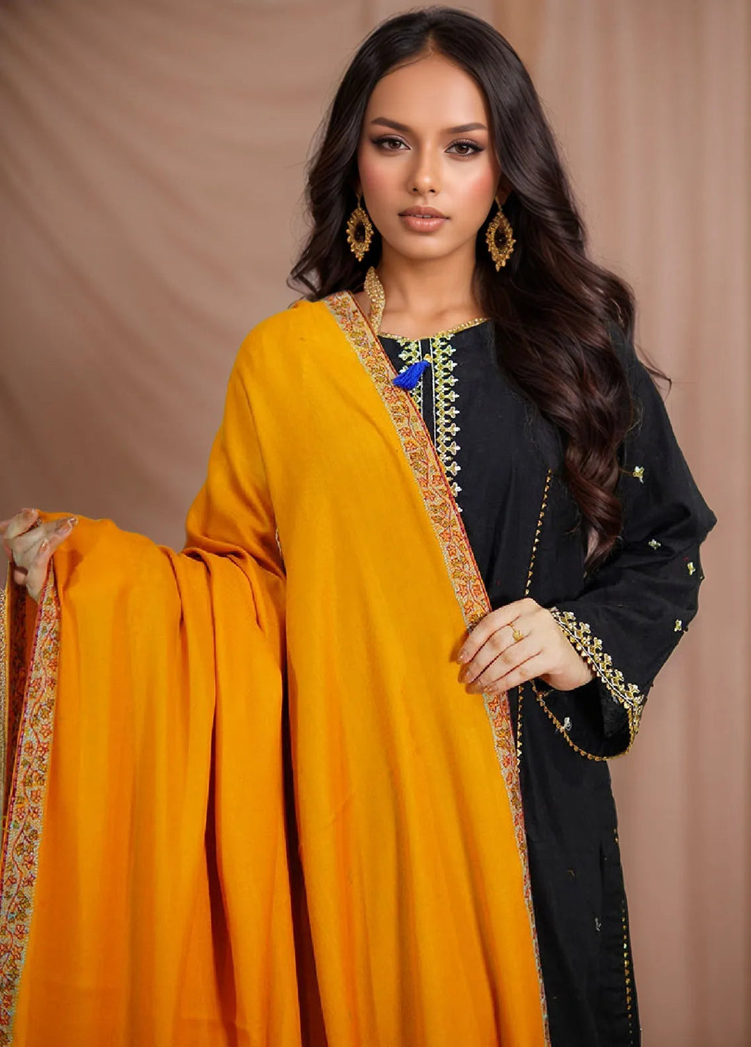 Sanaulla Exclusive Range Pashmina Shawl KPS D-28 Yellow - Winter Collection