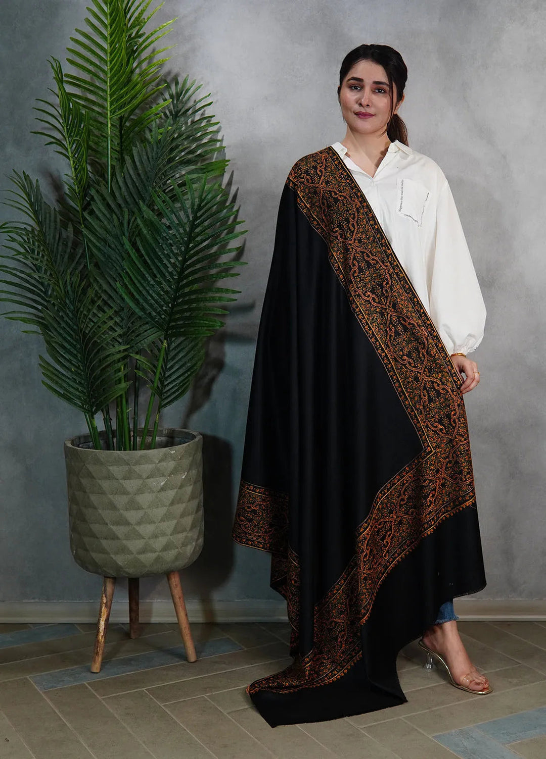 Sanaulla Exclusive Range Pashmina Shawl KPS D-33 Black 1 - Winter Collection