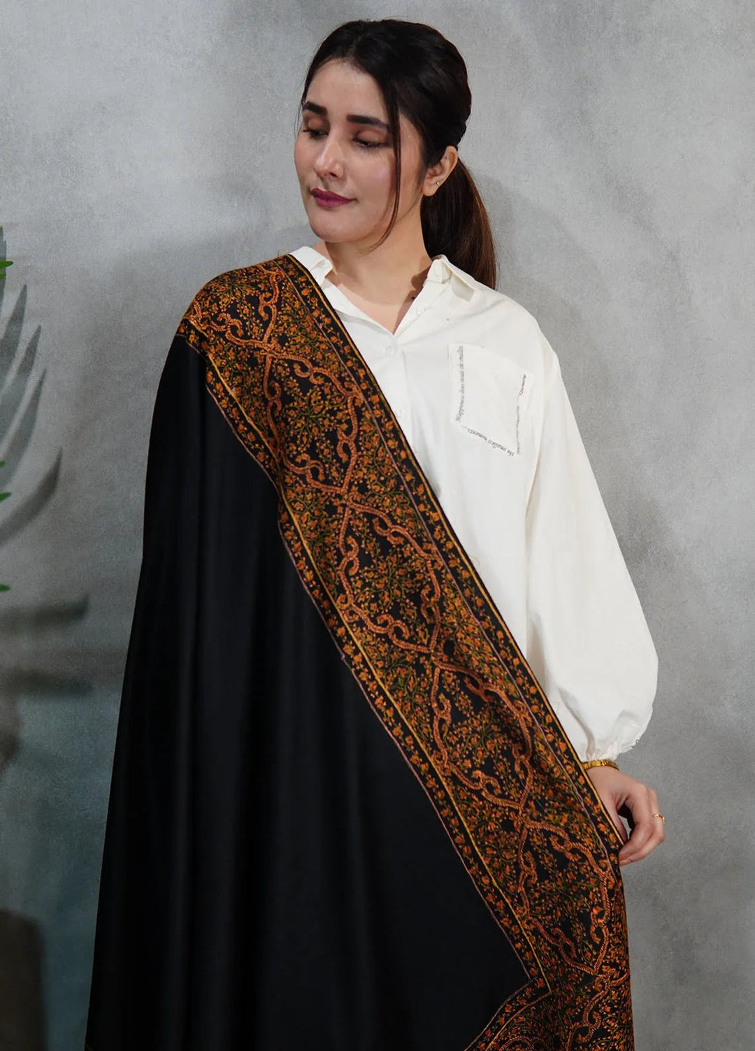 Sanaulla Exclusive Range Pashmina Shawl KPS D-33 Black 1 - Winter Collection