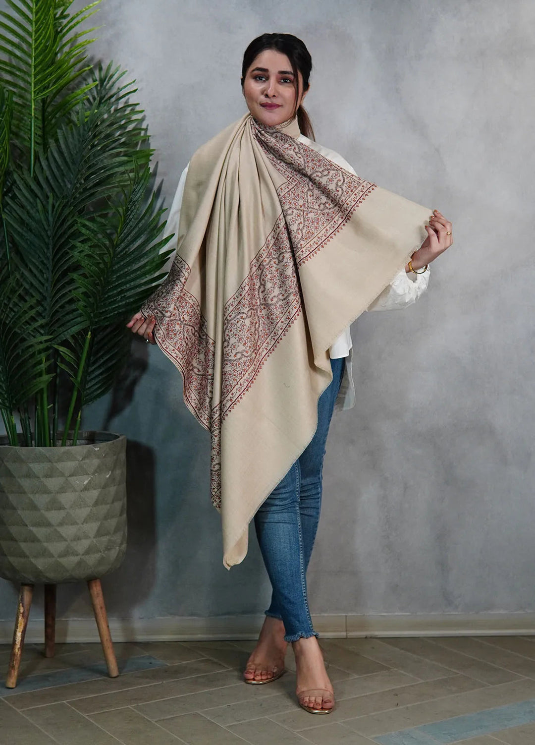 Sanaulla Exclusive Range Pashmina Shawl KPS D-33 Fawn 2 - Winter Collection