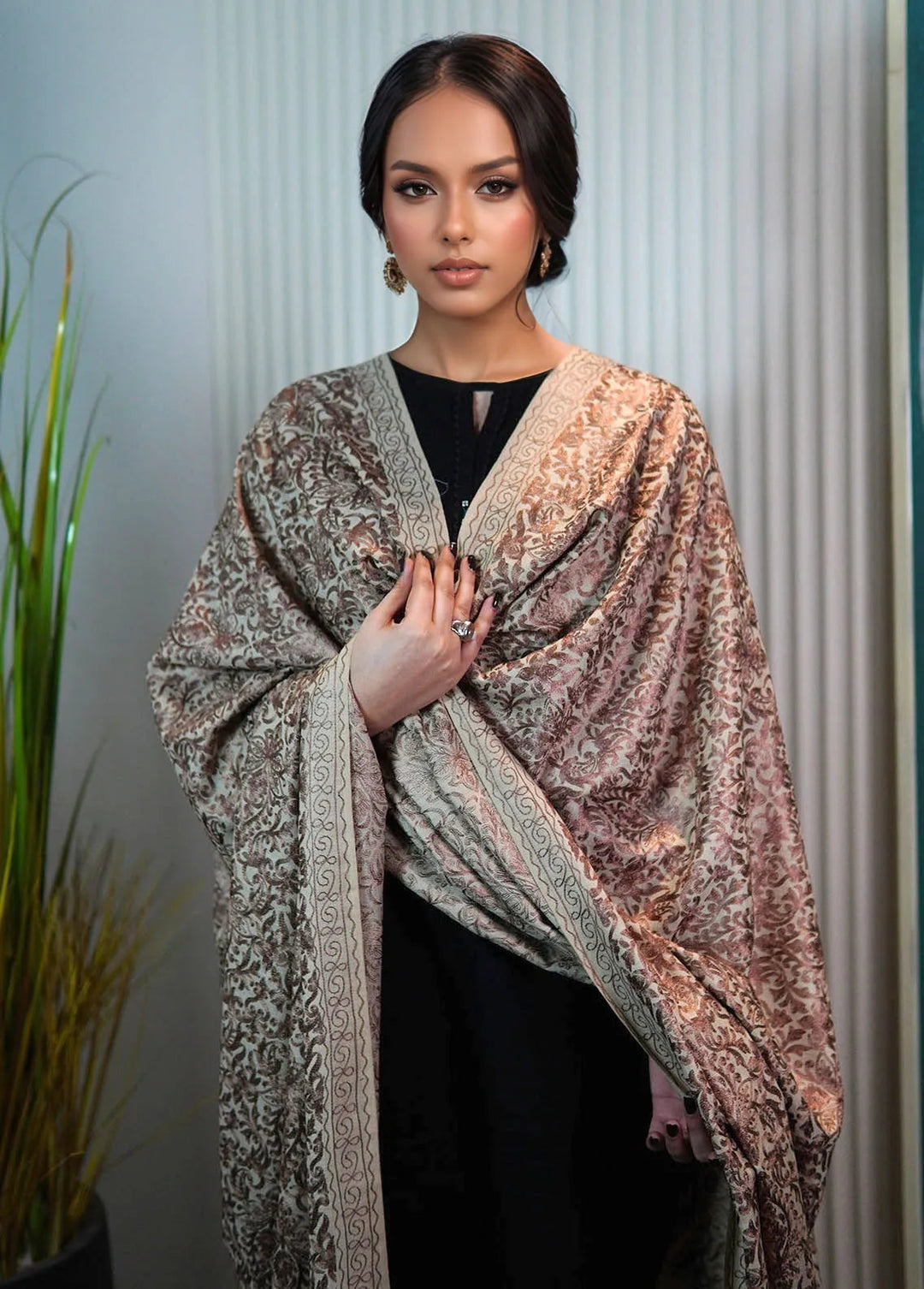 Sanaulla Exclusive Range Pashmina Shawl KPS D-35 Fawn 1 - Winter Collection