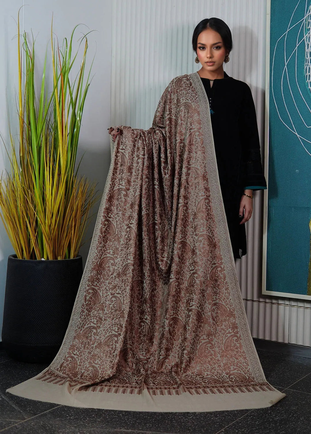 Sanaulla Exclusive Range Pashmina Shawl KPS D-35 Fawn - Winter Collection