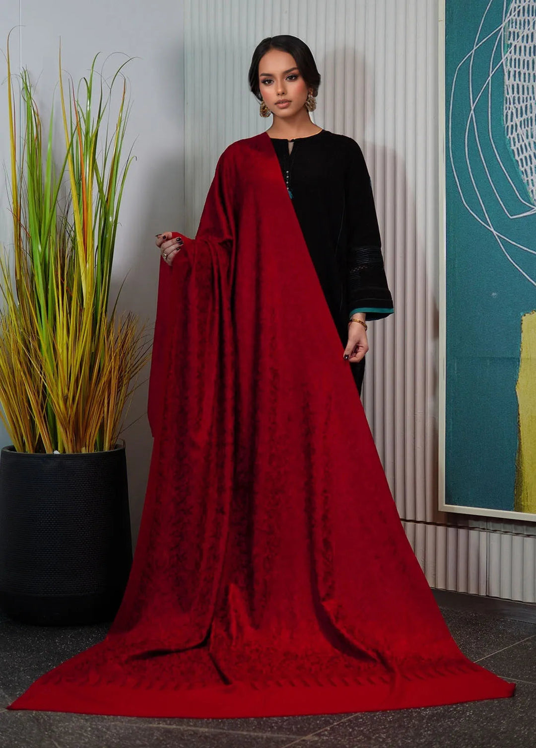 Sanaulla Exclusive Range Pashmina Shawl KPS D-35 Red - Winter Collection