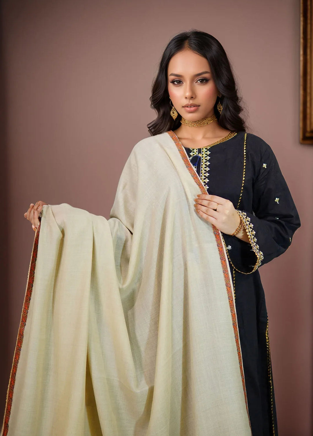 Sanaulla Exclusive Range Pashmina Shawl KPS D-38 Cream 5 - Winter Collection