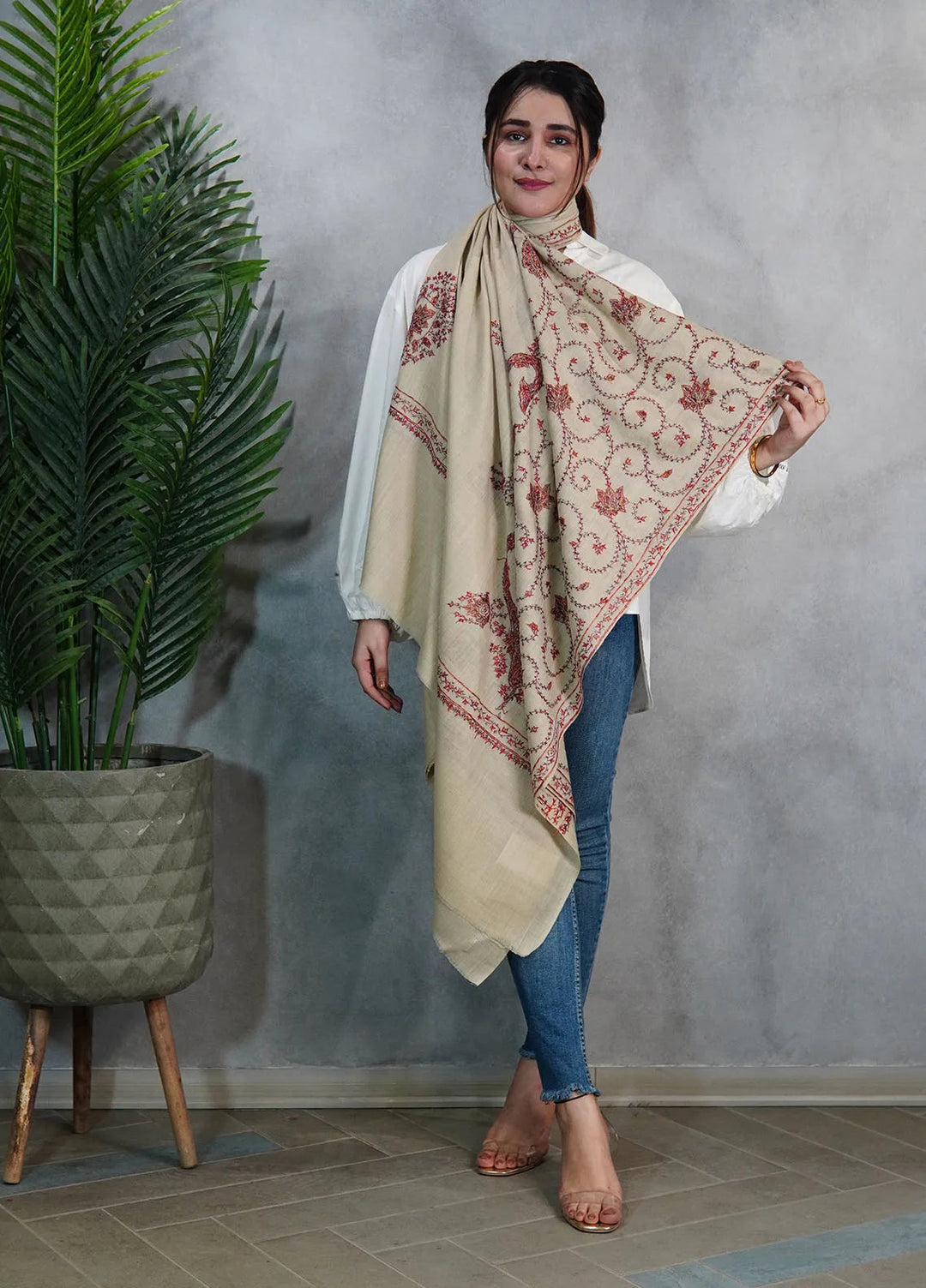 Sanaulla Exclusive Range Pashmina Shawl KPS D-39 Cream - Winter Collection