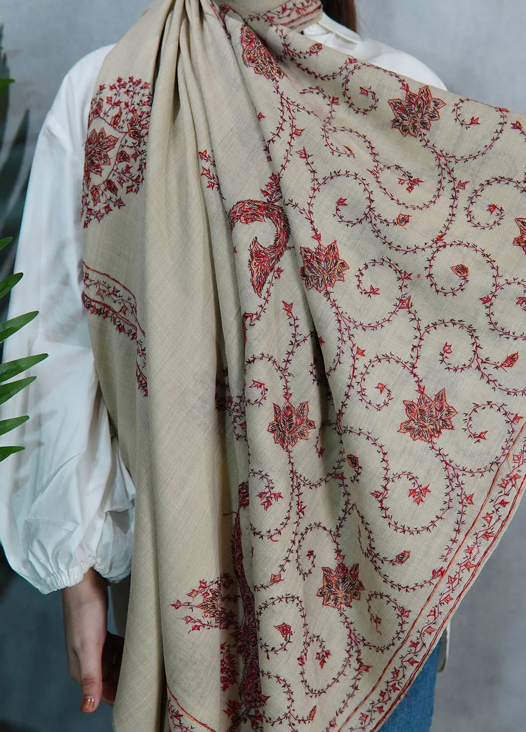 Sanaulla Exclusive Range Pashmina Shawl KPS D-39 Cream - Winter Collection