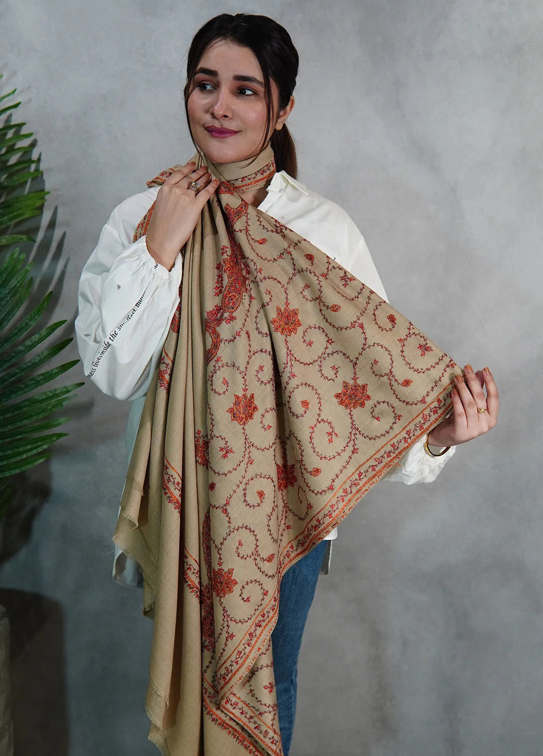 Sanaulla Exclusive Range Pashmina Shawl KPS D-39 Light Brown - Winter Collection