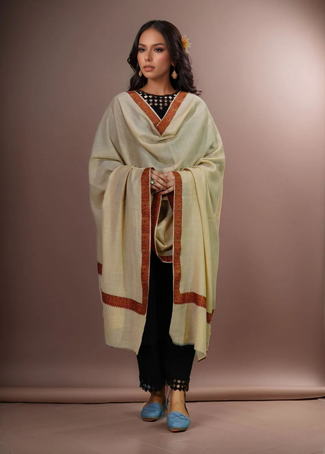Sanaulla Exclusive Range Pashmina Shawl KPS D-41 Fawn - Winter Collection