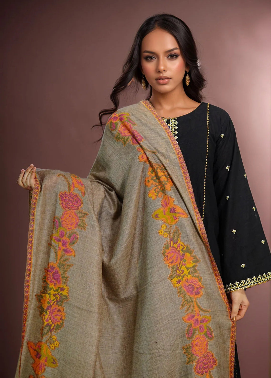 Sanaulla Exclusive Range Pashmina Shawl KPS D-42 Dark Brown - Winter Collection