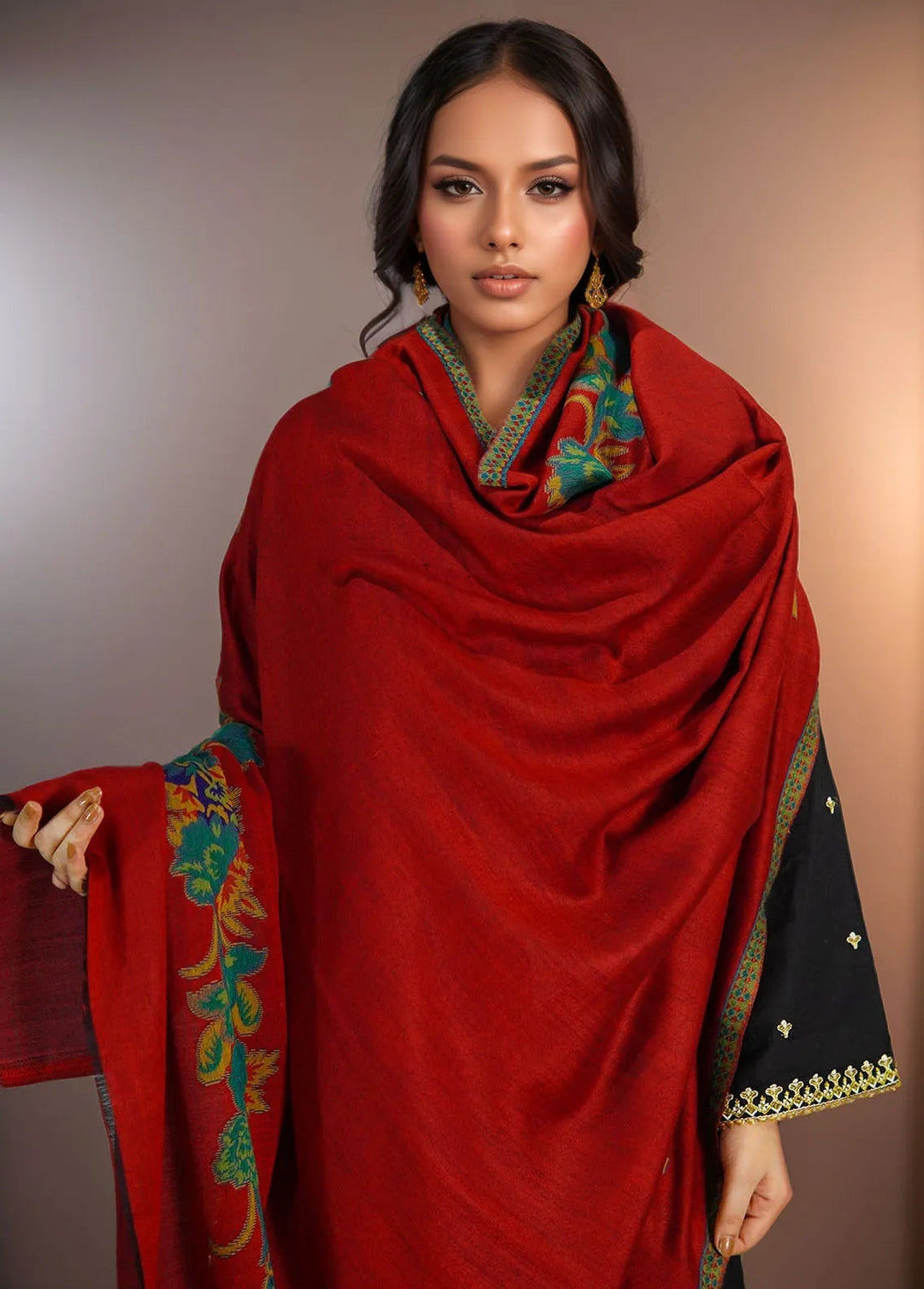 Sanaulla Exclusive Range Pashmina Shawl KPS D-42 Red 1 - Winter Collection