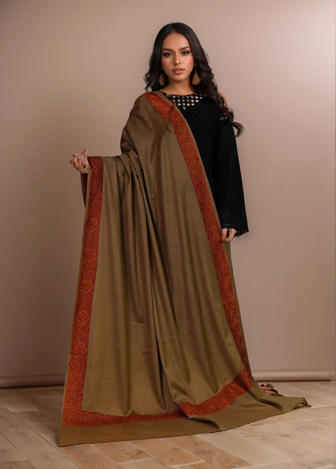 Sanaulla Exclusive Range Pashmina Shawl KPS D-45 Dark Brown - Winter Collection