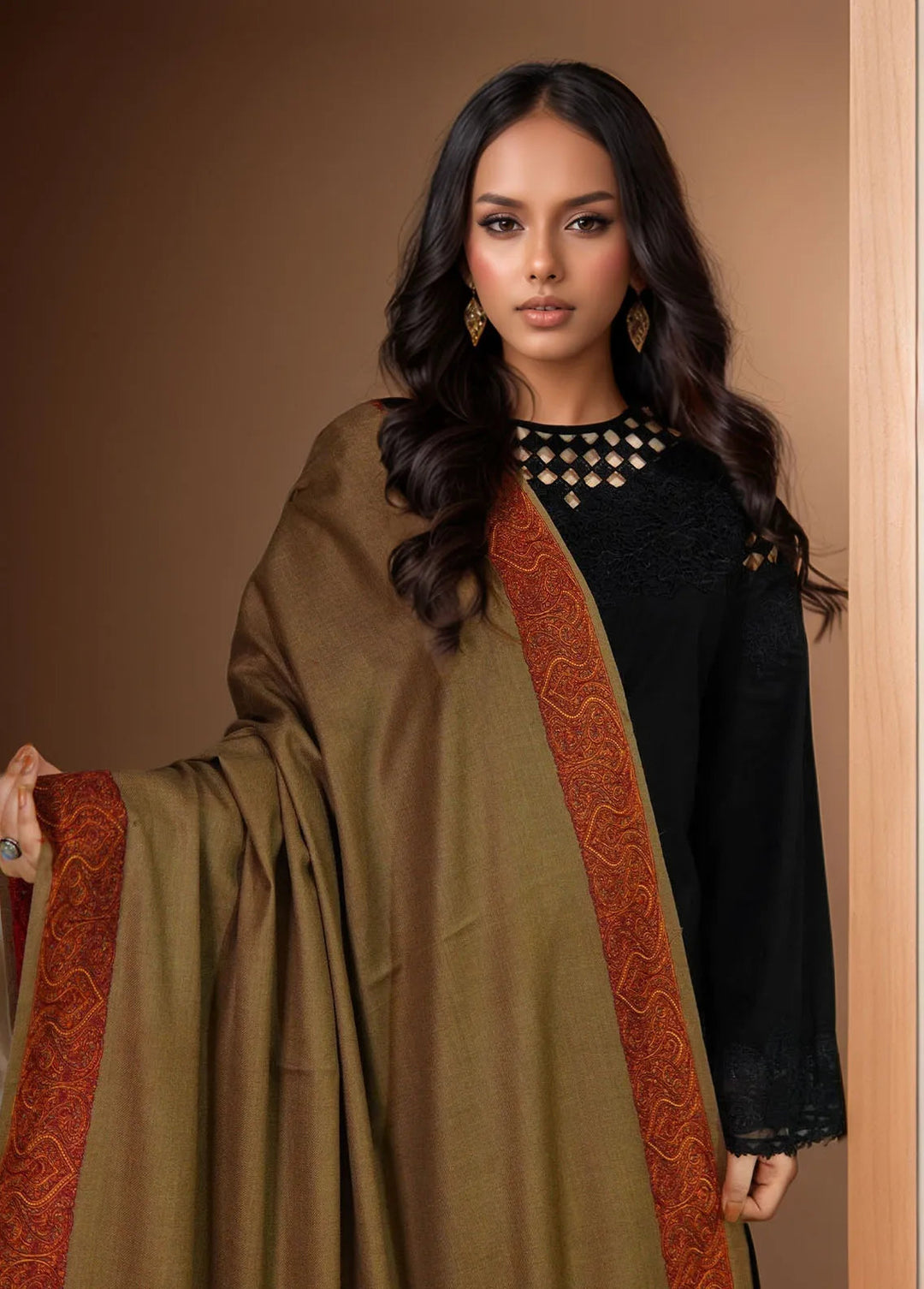 Sanaulla Exclusive Range Pashmina Shawl KPS D-45 Dark Brown - Winter Collection