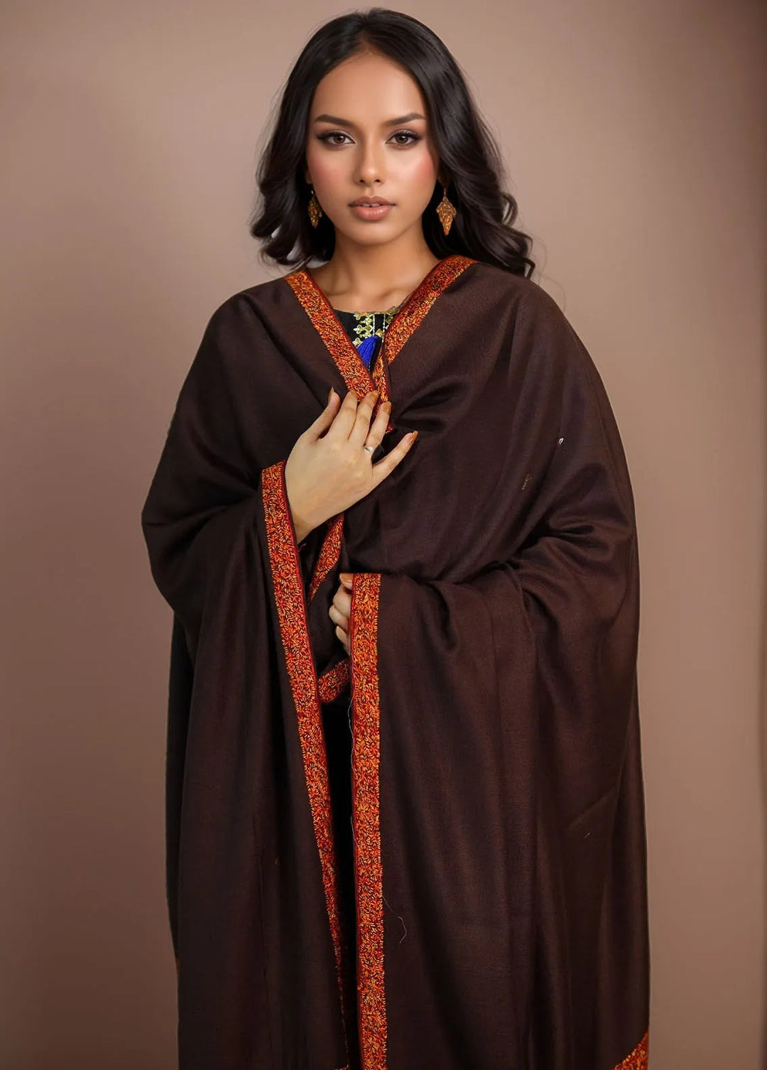 Sanaulla Exclusive Range Pashmina Shawl KPS D-51 Dark Brown - Winter Collection