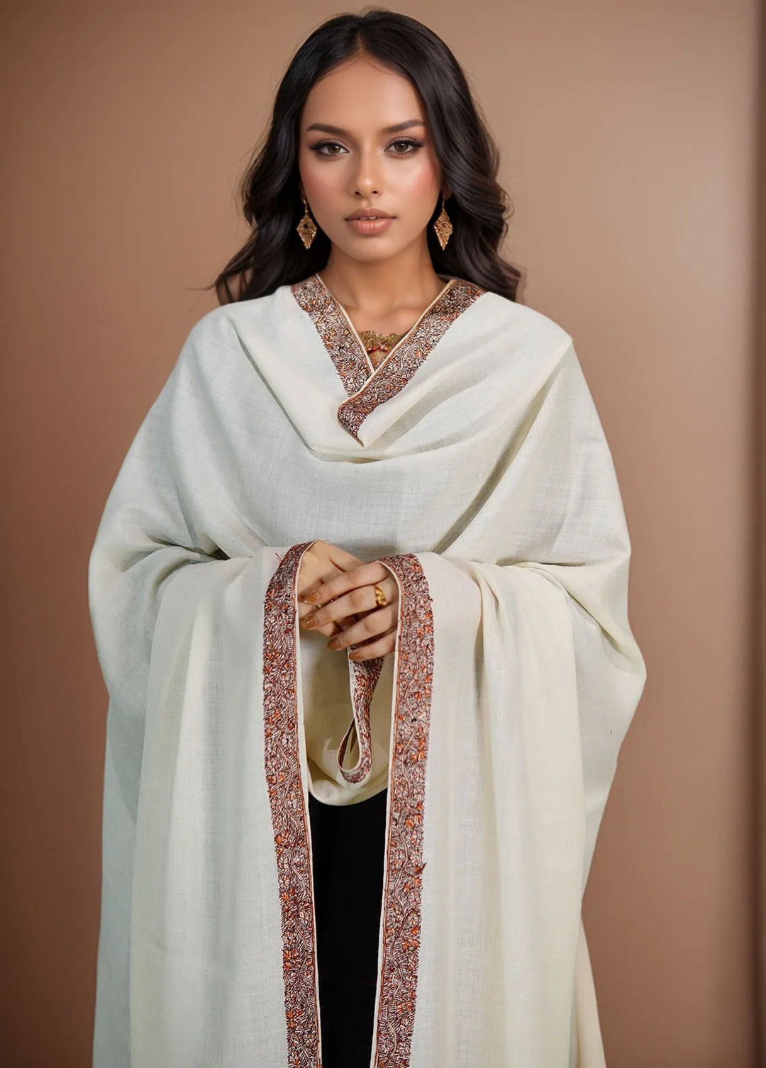 Sanaulla Exclusive Range Pashmina Shawl KPS D-51 Off White - Winter Collection