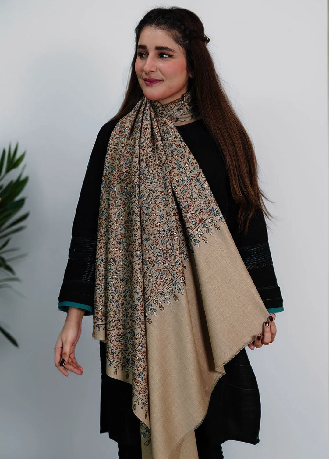 Sanaulla Exclusive Range Pashmina Shawl KPS D-53 Light Brown - Winter Collection