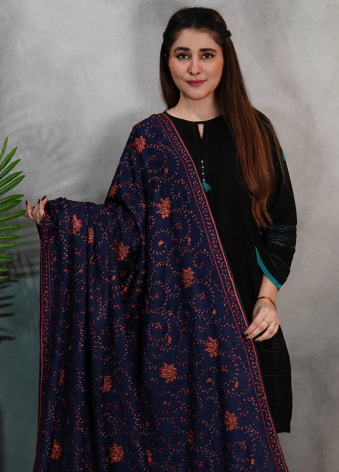 Sanaulla Exclusive Range Pashmina Shawl KPS D-57 Navy Blue 3 - Winter Collection