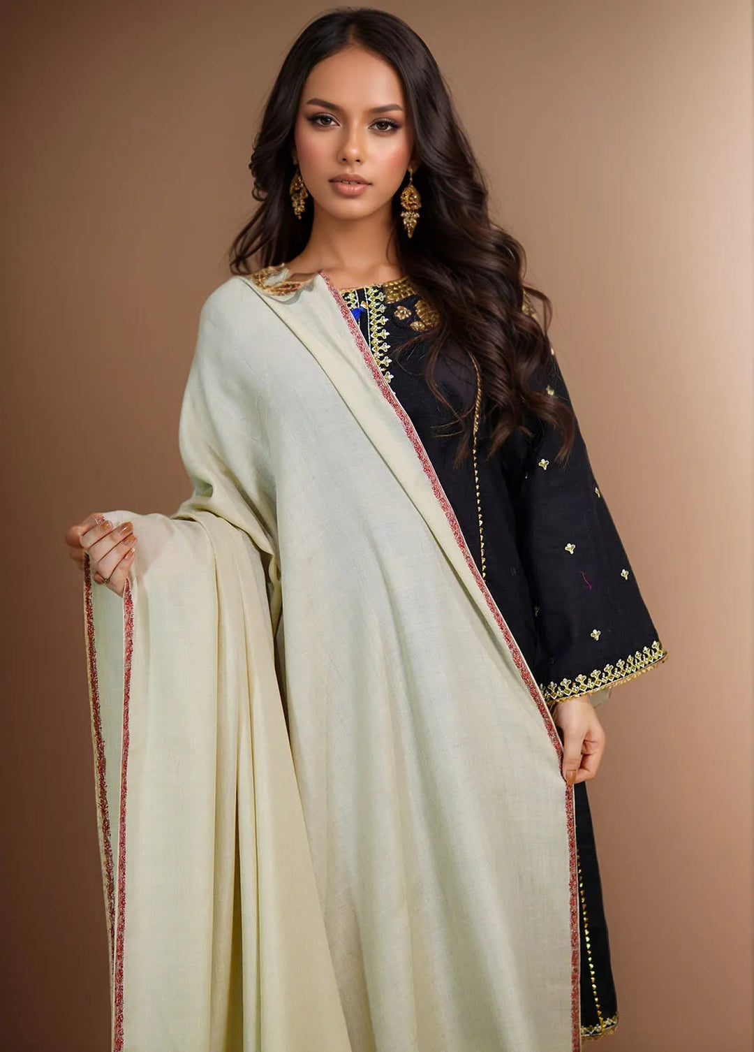Sanaulla Exclusive Range Pashmina Shawl KPS D-62 Cream - Winter Collection