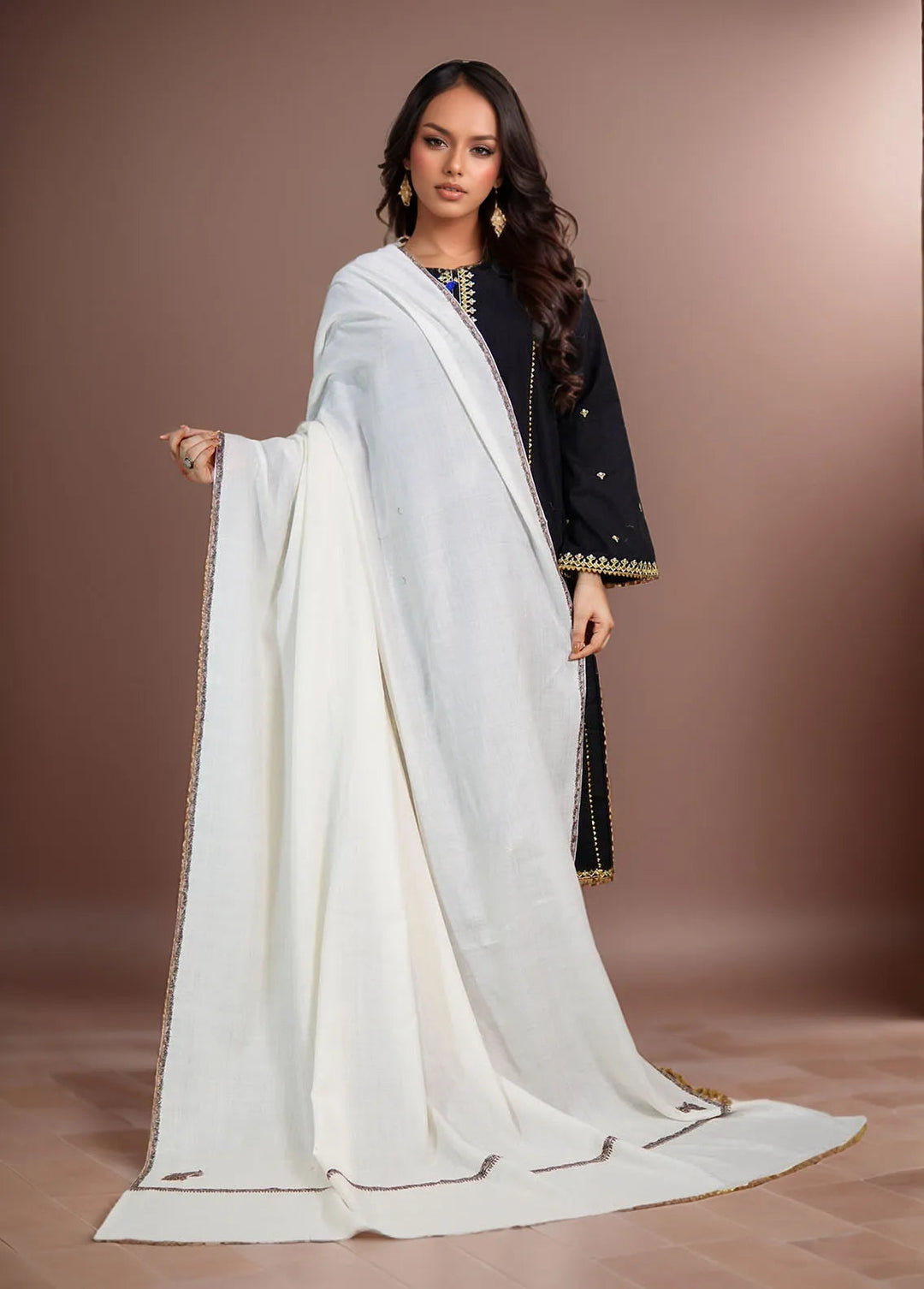 Sanaulla Exclusive Range Pashmina Shawl KPS D-62 Off White - Winter Collection