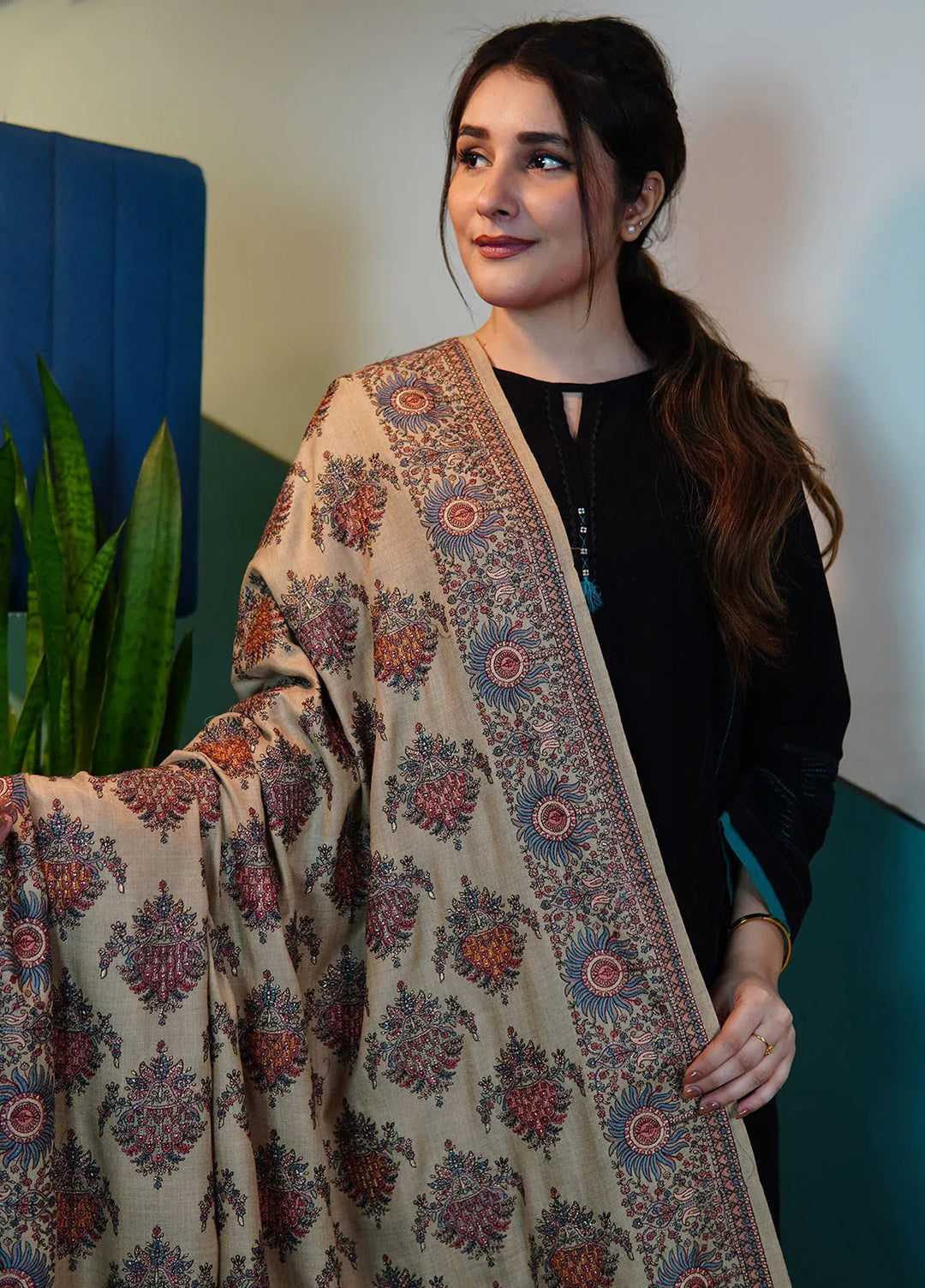 Sanaulla Exclusive Range Pashmina Shawl KPS D-8 Light Brown - Winter Collection