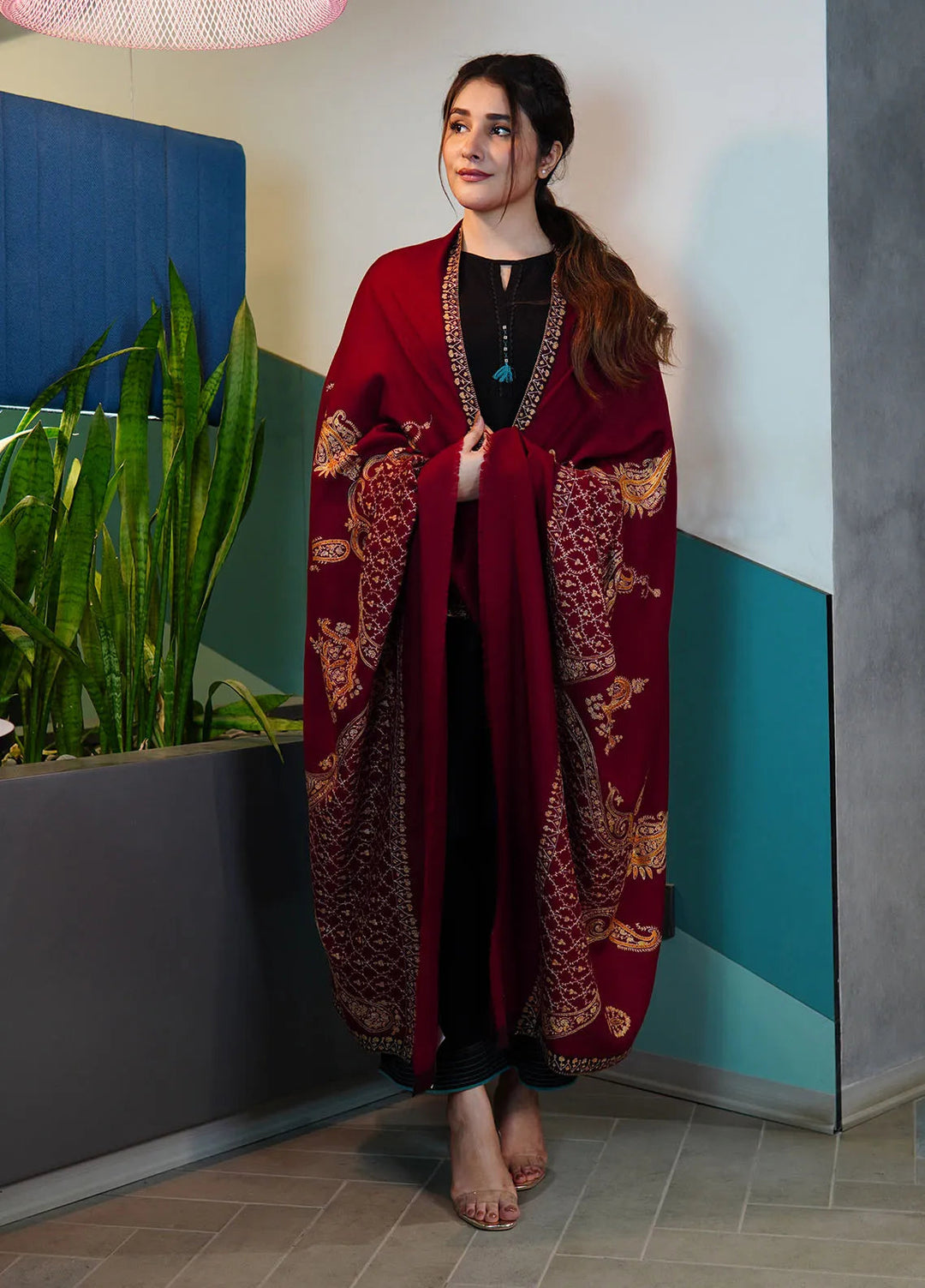 Sanaulla Exclusive Range Pashmina Shawl KPS D-86 Mehroon - Winter Collection