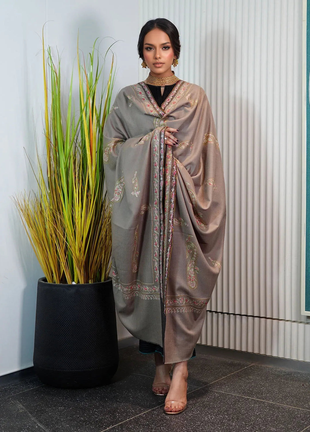Sanaulla Exclusive Range Pashmina Shawl KPS D-89 Grey - Winter Collection
