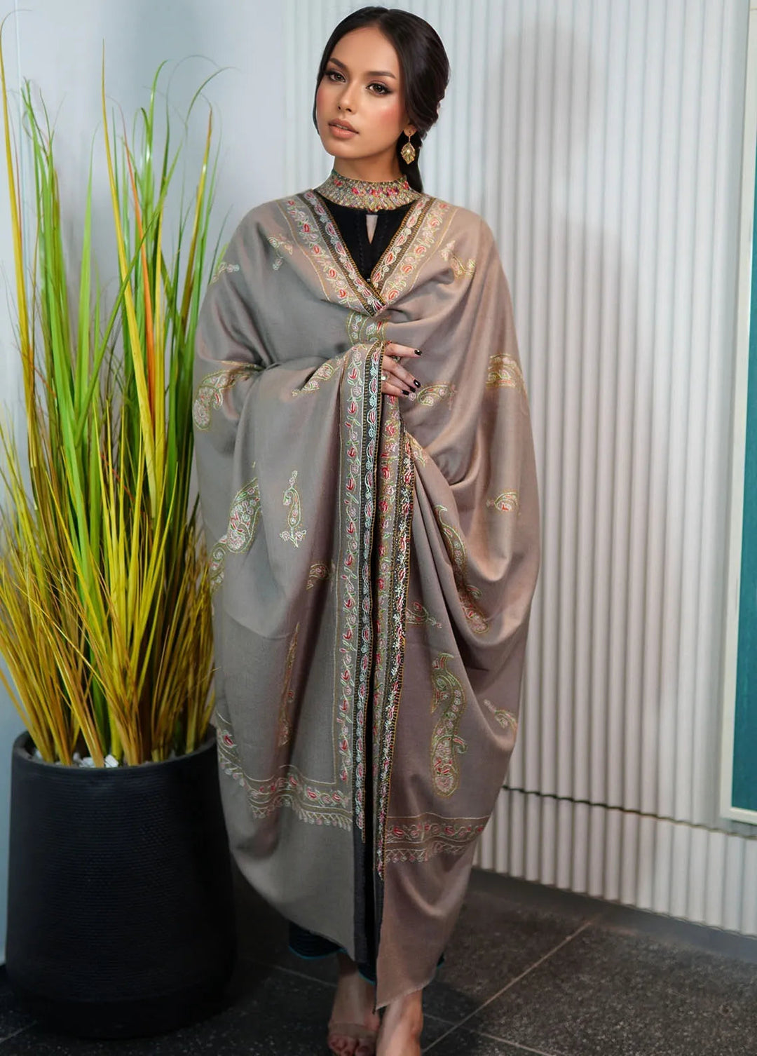 Sanaulla Exclusive Range Pashmina Shawl KPS D-89 Grey - Winter Collection