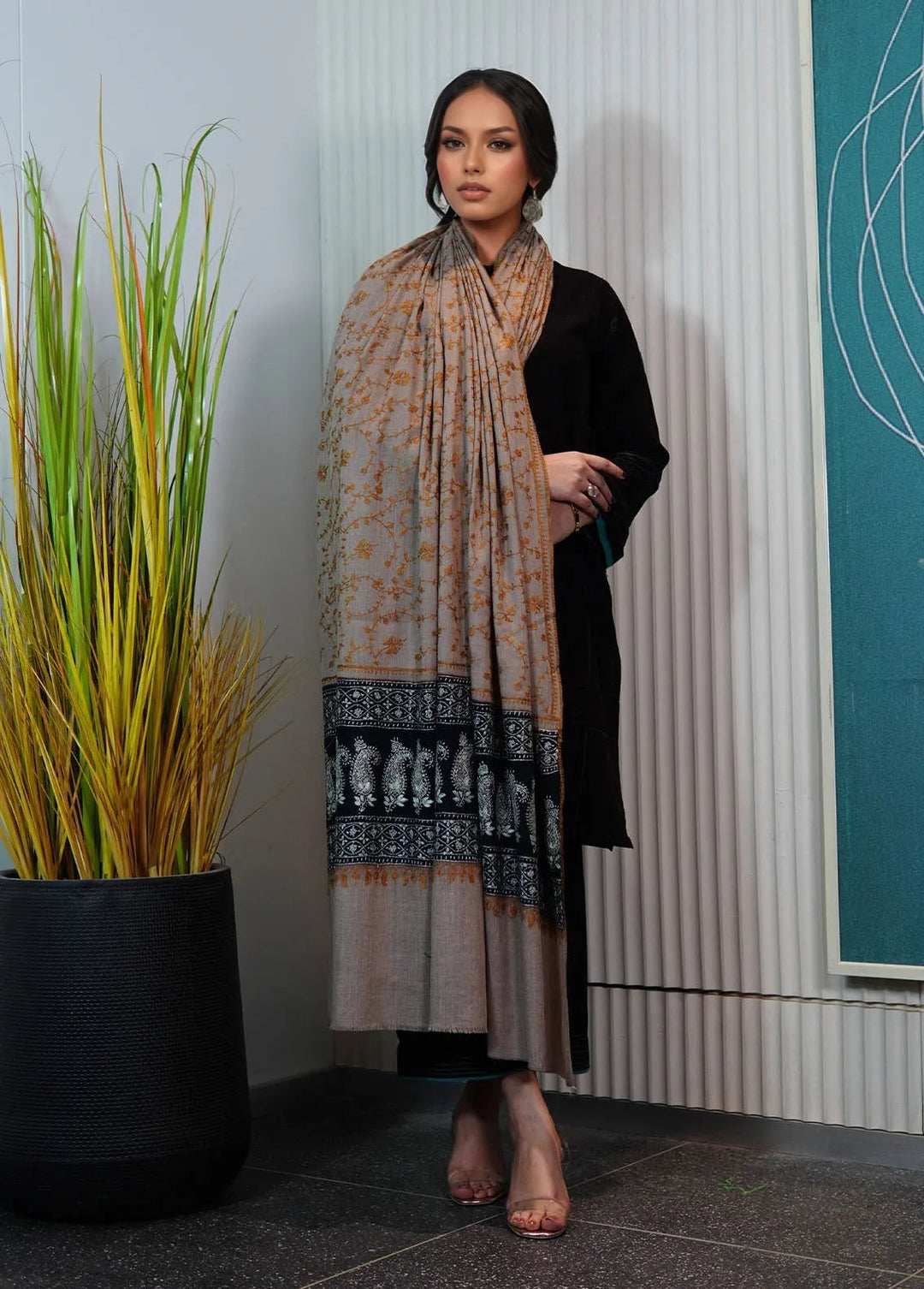 Sanaulla Exclusive Range Pashmina Shawl KPS D-94 Brown - Winter Collection