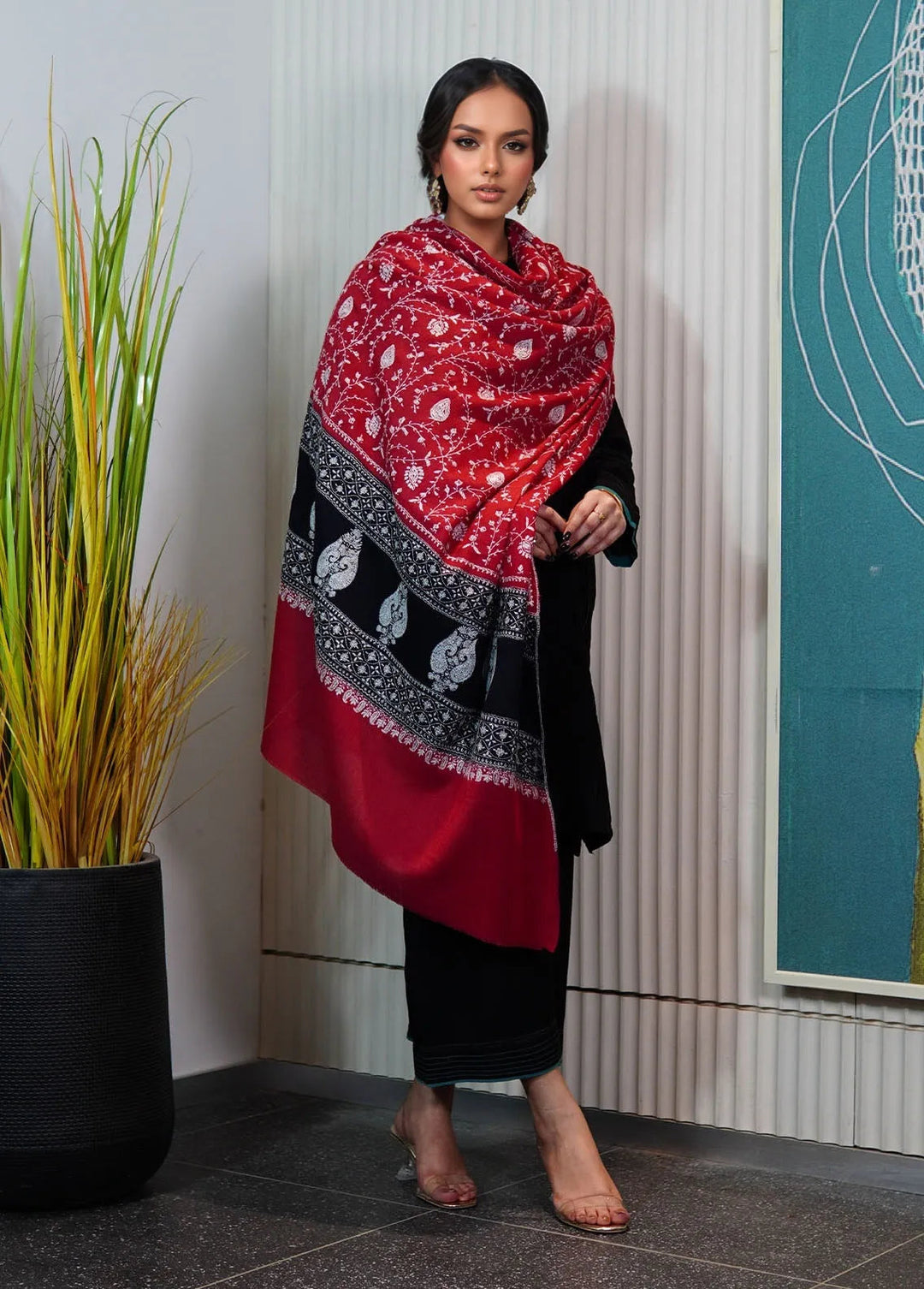 Sanaulla Exclusive Range Pashmina Shawl KPS D-94 Mehroon - Winter Collection