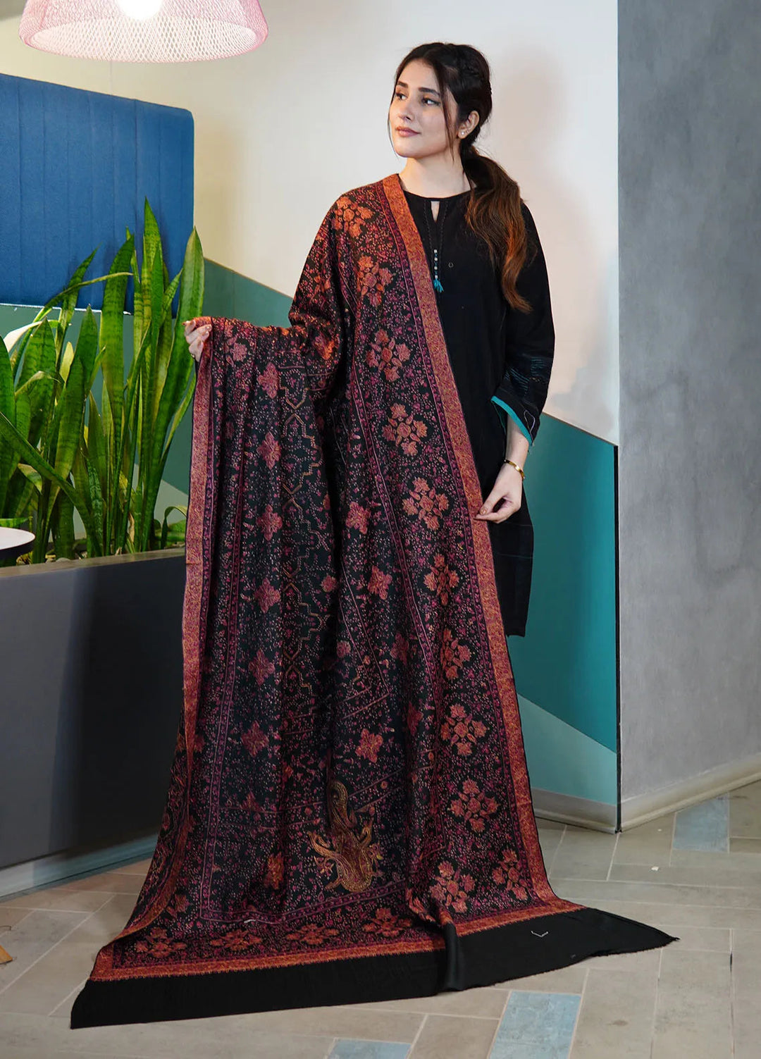 Sanaulla Exclusive Range Pashmina Shawl KPS D-97 Black - Winter Collection