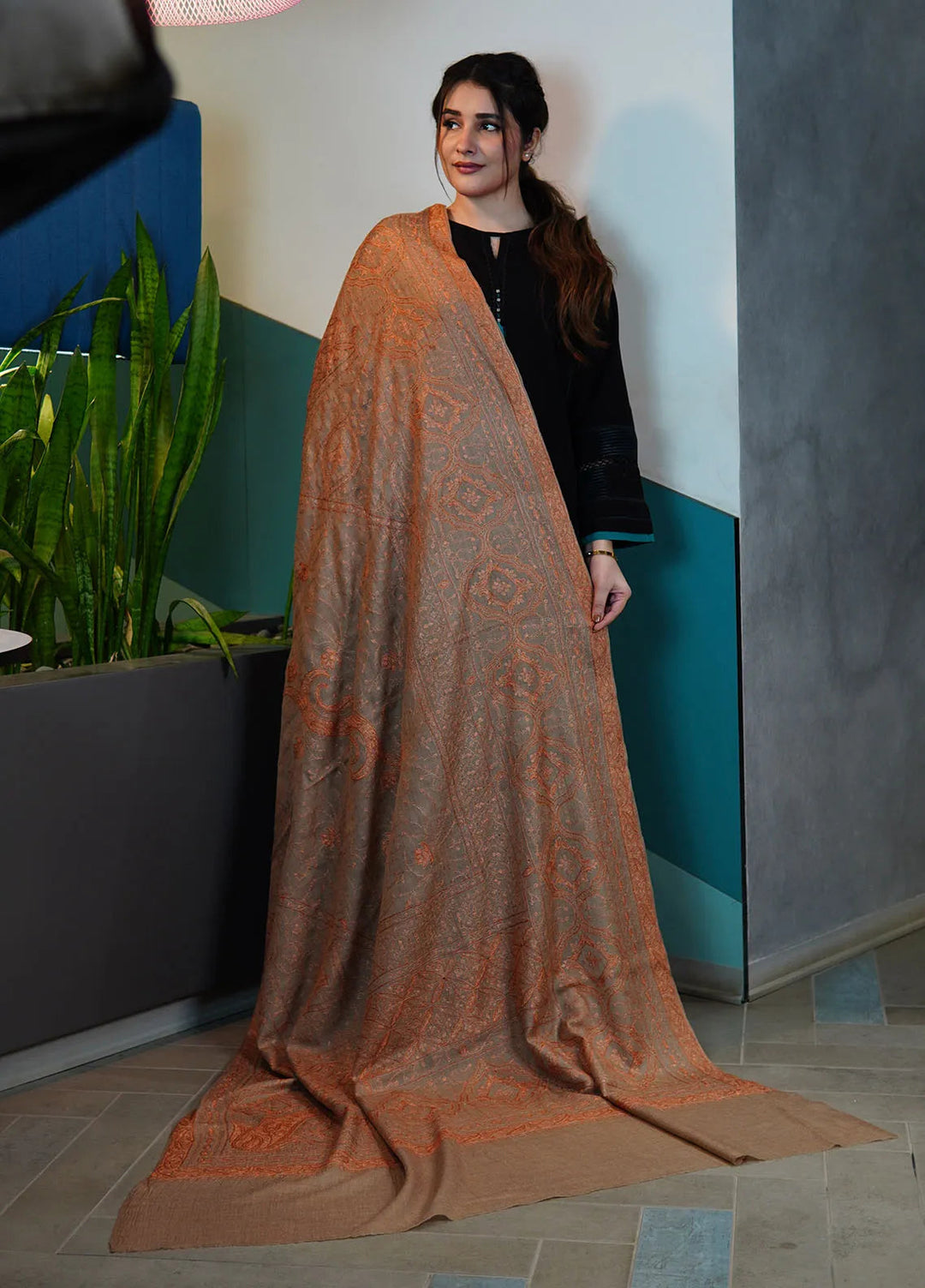 Sanaulla Exclusive Range Pashmina Shawl KPS D-97 Brown - Winter Collection