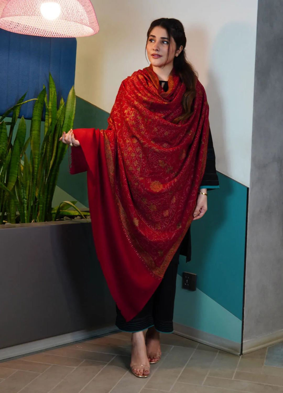 Sanaulla Exclusive Range Pashmina Shawl KPS D-97 Red - Winter Collection