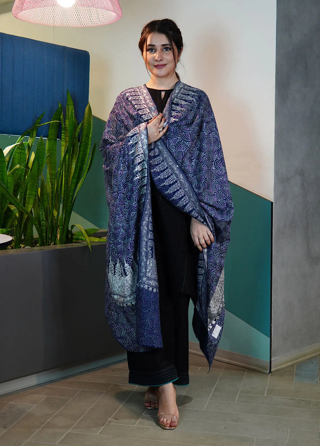 Sanaulla Exclusive Range Pashmina Shawl KPS D-98 Blue - Winter Collection