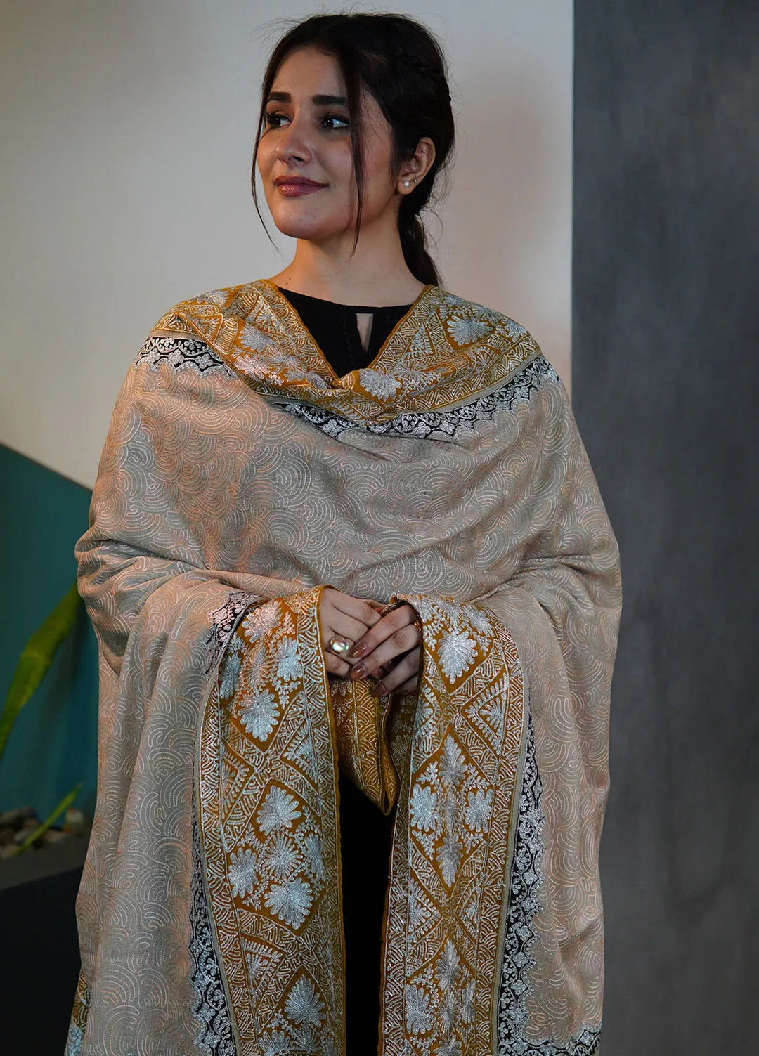 Sanaulla Exclusive Range Pashmina Shawl KPS D-98 Light Brown - Winter Collection