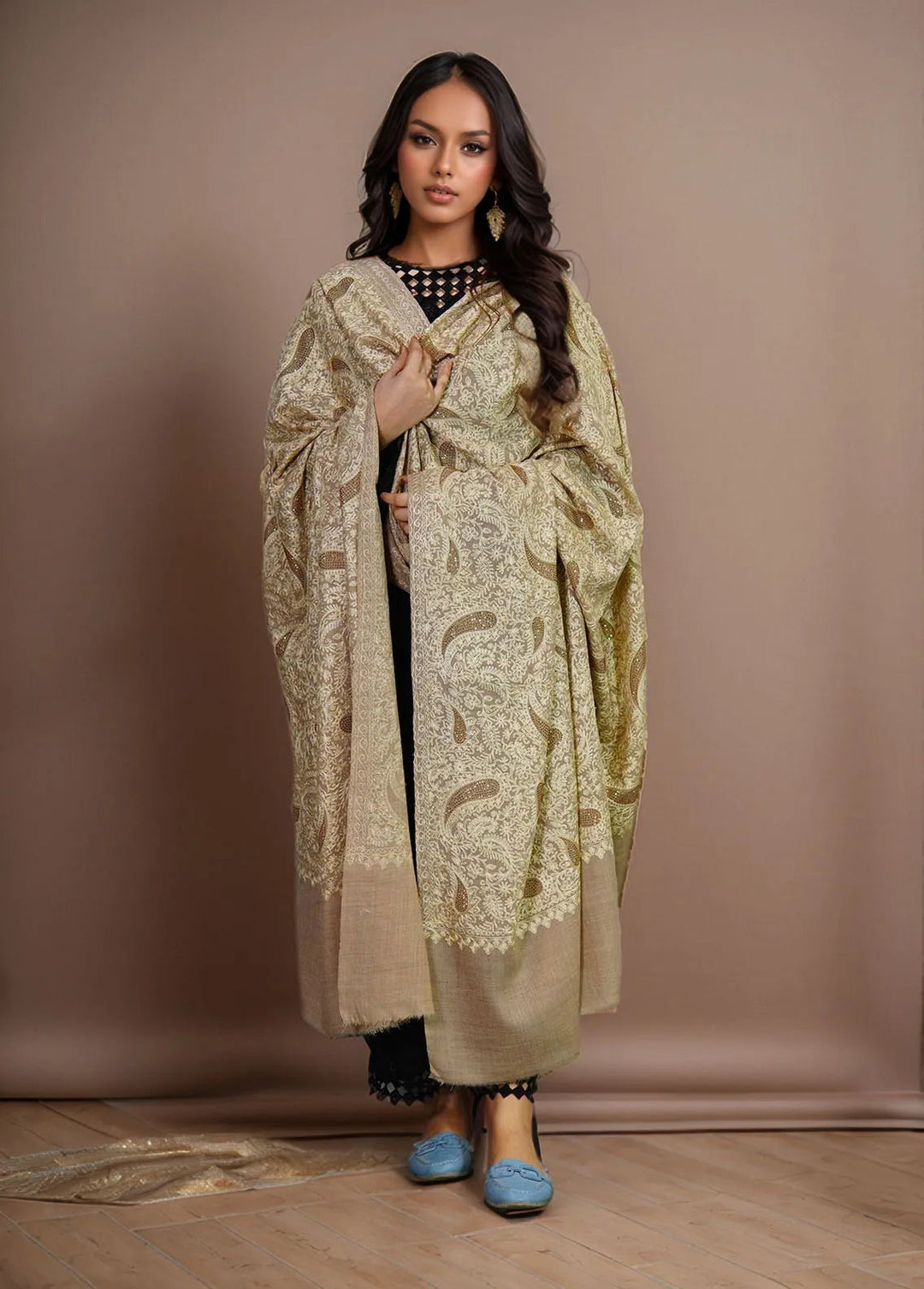 Sanaulla Exclusive Range Pashmina Shawl MAMA D-1 Light Brown - Winter Collection