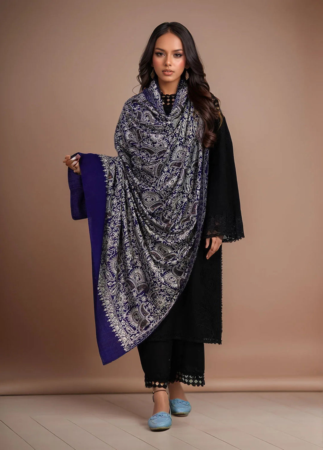 Sanaulla Exclusive Range Pashmina Shawl MAMA D-1 Navy Blue - Winter Collection